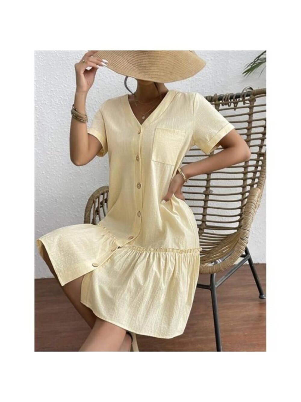 Women's Button Down Dress Loose Summer Cotton Linen Dress Ruffle Hem Tunic Dress - Picture 4 of 5